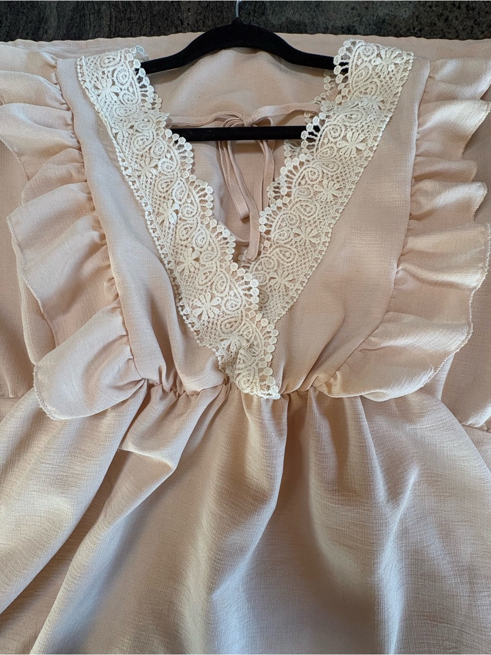 Soft Cream Midi Dress with Lace V-Neck